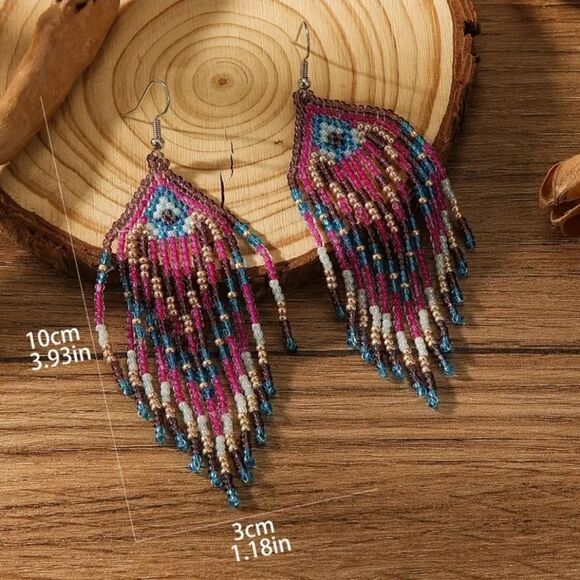 Colorful Beads Tassel Dangle Pink and Blue Earrings Retro Bohemian Style - Picture 5 of 10